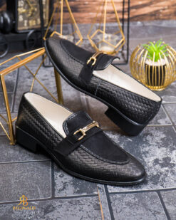Pantofi Mocasini/ Loafers negri piele naturala, Model impletit- P2002