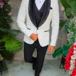 Costume NAS/MIRE blanc et noir avec strass, veste, gilet, pantalon, nœud papillon - C5560