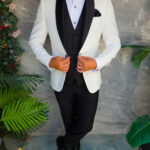 Costume blanc ivoire/noir NAS/MIRE avec strass, veste, gilet, pantalon, nœud papillon - C5567