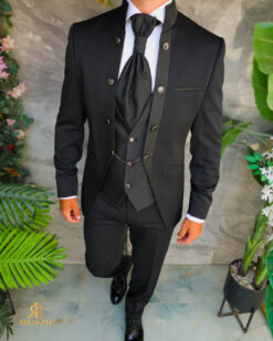 Costum negru NAS/MIRE, Sacou, Pantalon, Vesta, Cravata- C5549