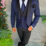 Costum bleumarin cu negru, rever satinat negru, NAS/MIRE, Sacou,Vesta, Pantalon, Cravata- C5548