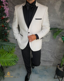 Costum Alb cu rever satinat negru, NAS/MIRE, Sacou, Pantalon si Papion- C5543