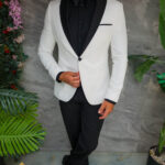 Costum Alb cu rever satinat negru, NAS/MIRE, Sacou, Pantalon si Papion- C5542
