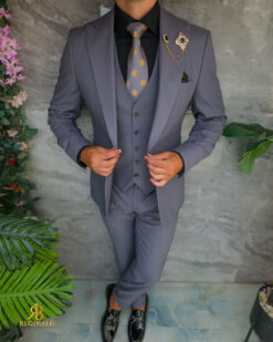Costum gri , Sacou, Vesta si Pantalon, lână de vară 100% Super 200`S - C5541