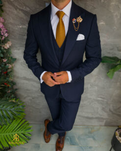 Costum bleumarin, Sacou, Vesta si Pantalon, lână de vară 100% Super 200`S - C5539