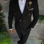 Elegante completo da uomo nero con gemelli dorati: giacca e pantaloni - C2057