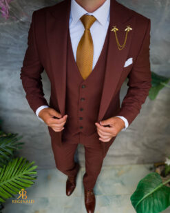 Costum maro, Sacou, Vesta si Pantalon, lână de vară 100% Super 200`S - C5554