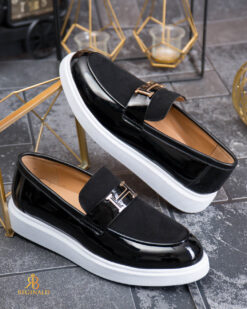 Mocasines informales para hombre, negros lacados, suela alta ultraligera – AD951