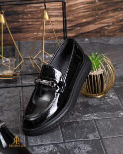 O perspectivă alternativă asupra modelului Mocasini de barbati casual, negri lăcuiti, talpa inalta ultra-usoara – AD964