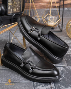 Mocasini de barbati casual, negri,Double Monk Strap, talpa inalta ultra-usoara – AD954