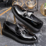 Mocasines casuales para hombre, negros lacados, suela alta ultraligera – AD957