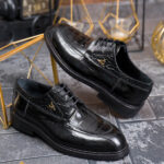 Men's lace-up shoes, Black, Premium, patent crocodile genuine leather - P2043