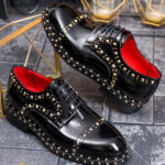Zapatos con cordones para hombre, negros, Premium, de piel natural lacada con detalles metálicos - P2039
