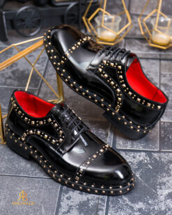 Pantofi cu siret barbatesti, Negri, Premium,din piele naturala lacuita cu aplicatii metalice - P2039