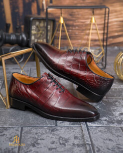 Pantofi de barbati, Bordeaux, din piele naturala cu model croc- P2032