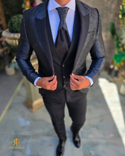 Costum negru NAS/MIRE, Sacou, Vesta, Pantalon, Cravata- C5613