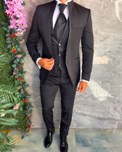 Costum negru NAS/MIRE, Sacou,Vesta, Pantalon, Cravata  - C5614