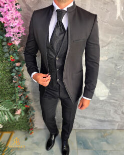 Costum negru NAS/MIRE, Sacou,Vesta, Pantalon, Cravata - C5614 - immagine 5