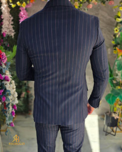 Costum bărbătesc Bleumarin cu dungi,nasturi aurii Double-Breasted- C5605 – Image 6