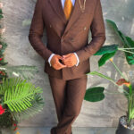 Costume pour homme, marron à rayures bleues : veste et pantalon, à double boutonnage - C5585