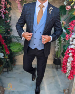 Abito da uomo, nero a quadri blu, 3 pezzi: giacca, gilet e pantaloni - C5575