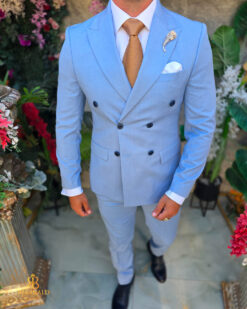 Una visione alternativa del Costum bărbătesc Double-Breasted Slim Fit – Baby blue - C5574