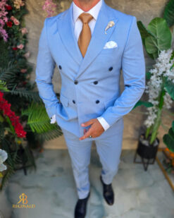 Costum bărbătesc Double-Breasted Slim Fit – Baby blue - C5574