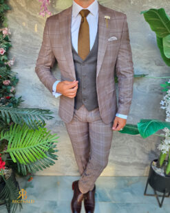 Abito da uomo, marrone a quadri, 3 pezzi: giacca, gilet e pantaloni - C5576