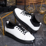 Sneaker de barbati, albi cu talpa neagra, din piele naturala- P2091