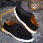 Mocassins décontractés pour homme, noirs, à lacets et semelle blanche, en cuir naturel retourné – AD972