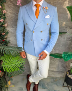 Sacou de bărbați, Double Breasted, Baby Blue cu nasturi aurii,Slim Fit - SC1131 - Image 6
