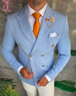 Sacou de bărbați, Double Breasted, Baby Blue cu nasturi aurii,Slim Fit - SC1131 - Image 5