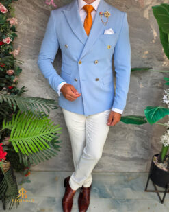 Sacou de bărbați, Double Breasted, Baby Blue cu nasturi aurii,Slim Fit - SC1131