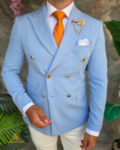Sacou de bărbați, Double Breasted, Baby Blue cu nasturi aurii,Slim Fit - SC1131 - Image 3