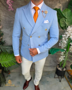 O perspectivă alternativă asupra modelului Sacou de bărbați, Double Breasted, Baby Blue cu nasturi aurii,Slim Fit - SC1131