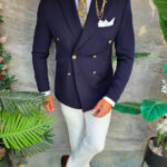 Men's Double-Breasted Navy Blue Blazer with Gold Buttons, Slim Fit - SC1132