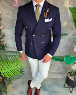 Sacou de bărbați, Double Breasted, Bleumarin cu nasturi aurii,Slim Fit - SC1132