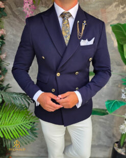 O perspectivă alternativă asupra modelului Sacou de bărbați, Double Breasted, Bleumarin cu nasturi aurii,Slim Fit - SC1132