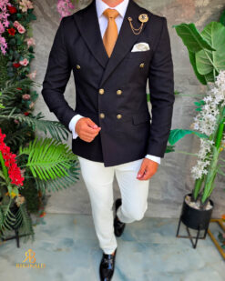 Chaqueta de hombre, de doble botonadura, negra con botones dorados, corte entallado - SC1133