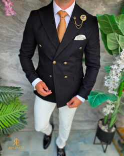 Sacou de bărbați, Double Breasted, Negru cu nasturi aurii,Slim Fit - SC1133 - Imagen 3