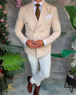 Sacou de bărbați, Double Breasted, Crem cu nasturi aurii,Slim Fit - SC1129