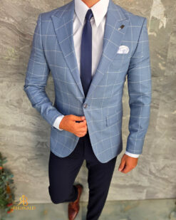 Sacou de bărbați, Slim Fit, Albastru deschis in carouri- SC1139 – Image 5