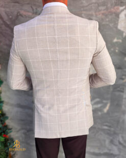 Sacou de bărbați, Slim Fit, Crem in carouri- SC1142 - immagine 6
