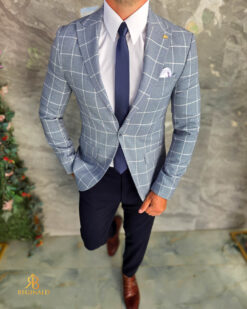 Sacou de bărbați, Slim Fit, Gri-albastrui in carouri- SC1138