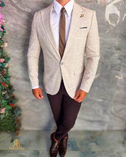 Sacou de bărbați, Slim Fit, Crem in carouri- SC1142 - immagine 5