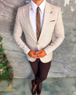 Sacou de bărbați, Slim Fit, Crem in carouri- SC1142 - immagine 4