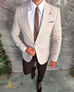 Sacou de bărbați, Slim Fit, Crem in carouri- SC1142