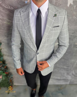 Sacou de bărbați, Slim Fit, Gri in carouri- SC1143 - Imagen 5