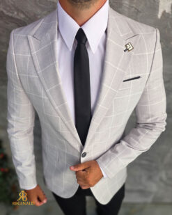 Sacou de bărbați, Slim Fit, Gri deschis in carouri- SC1144 – Image 5