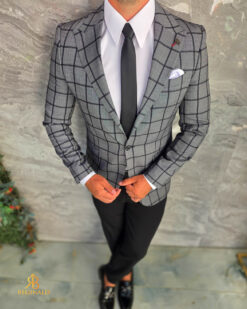 Sacou de bărbați, Slim Fit, Gri inchis in carouri- SC1145 – Image 3